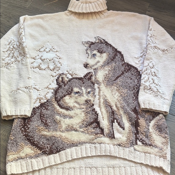 Vintage 90's Cobblestone Canyon All Over Print Wolf Hand Knit Sweater Size Small - Picture 3 of 14